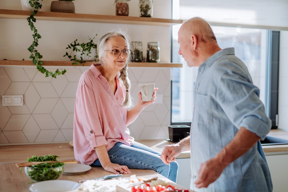 A senior couple cooking together at home.