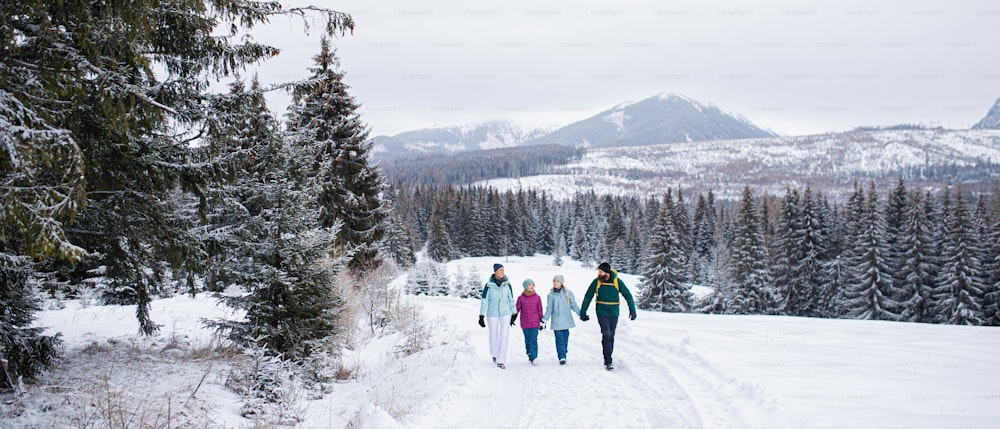 A happy family with small daughters walking outdoors in winter nature, Tatra mountains Slovakia.