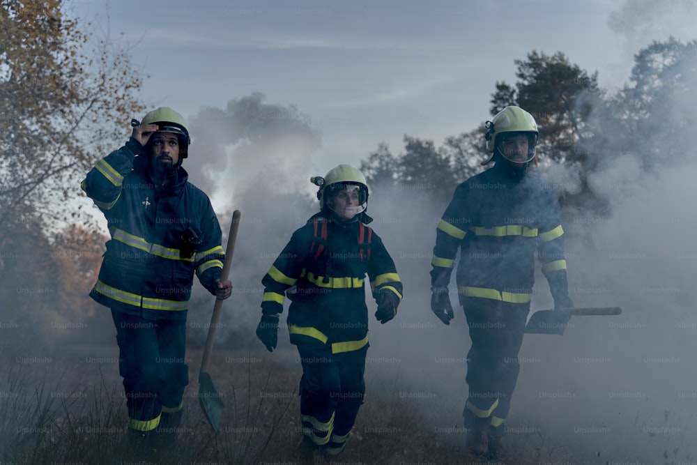 Feuerwehrleute im Einsatz, rennen mit Schaufeln durch den Rauch, um das Feuer im Wald zu stoppen.