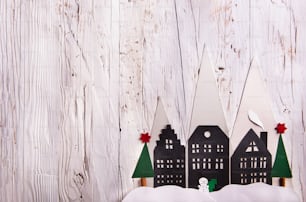 Christmas composition on a wooden background. Flat lay. Copy space.