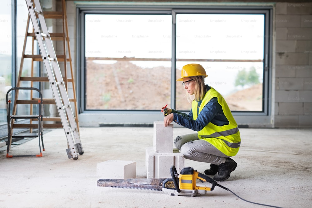 Female worker on the building site. Beautiful young woman measuring the building blocks. House construction.