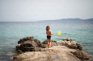 A rrear view of little girl with fishing net standing on rock near sea. Summer vacation concept.
