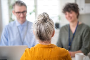 a Rear view of senior woman at job interview.