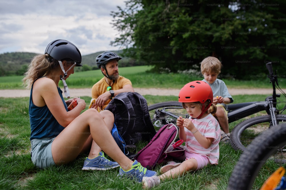 Una giovane famiglia con bambini piccoli che riposano dopo un giro in bicicletta, seduti sull'erba in un parco in estate.