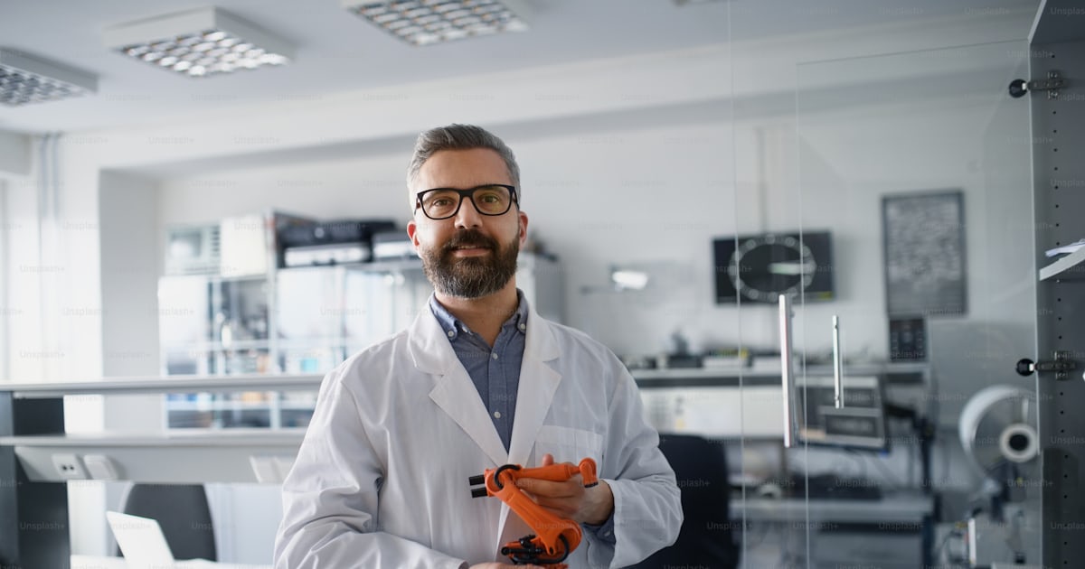 Robotics engineer man holding modern robotic arm in laboratory office ...