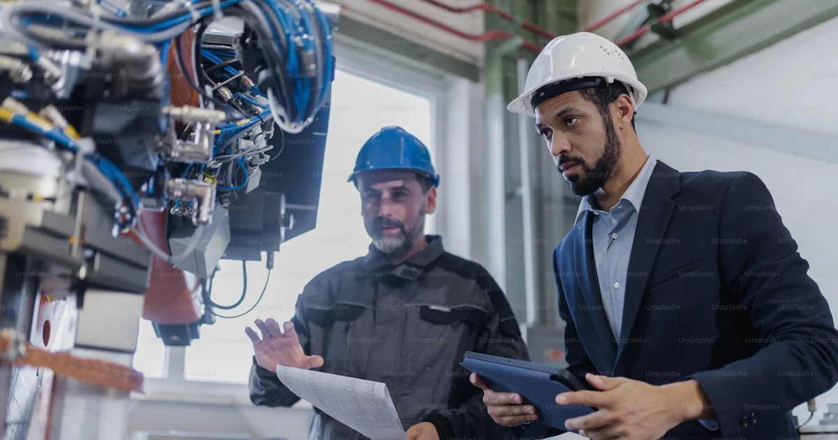 An engineering manager and mechanic worker doing routine check up in ...