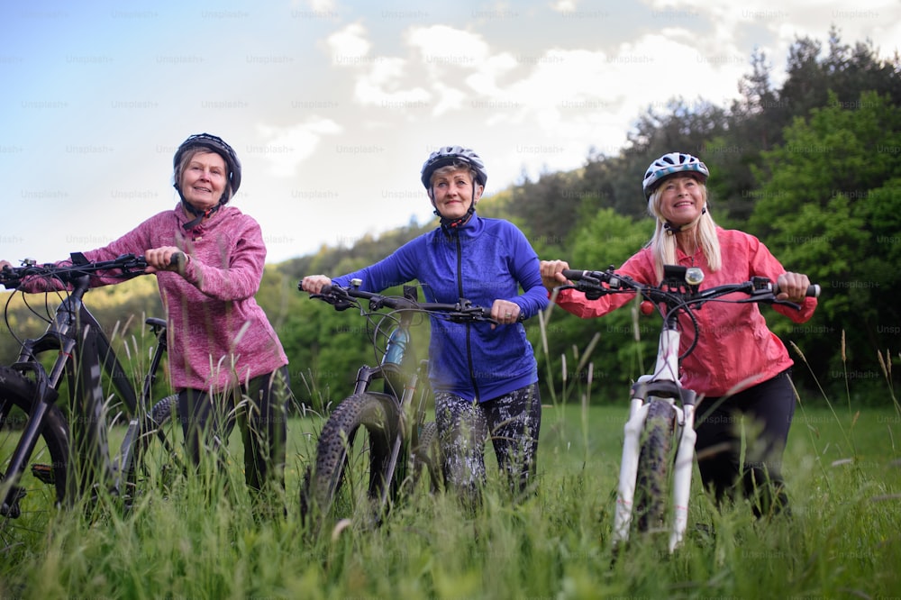 Heureuses amies seniors actives faisant du vélo ensemble à l’extérieur dans la nature dans la prairie. Heureuses amies seniors actives faisant du vélo ensemble à l’extérieur dans la nature dans la prairie.
