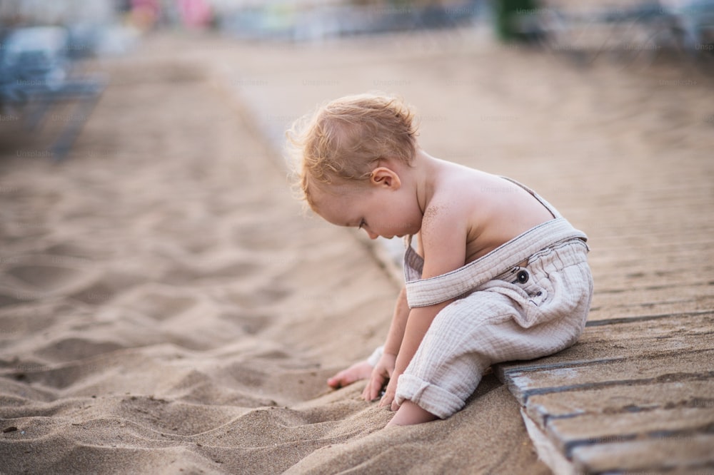 夏休みにビーチに座って遊んでいるかわいい小さな幼児の女の子。スペースをコピーします。