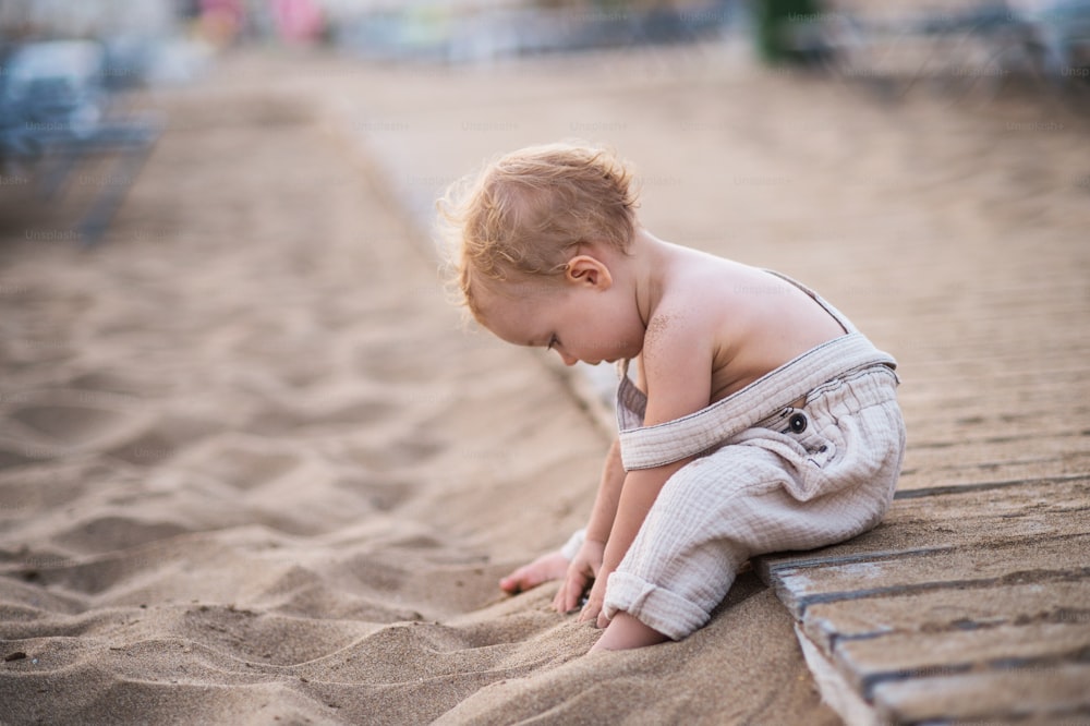 A cute small toddler girl sitting on beach on summer holiday, playing. Copy space.