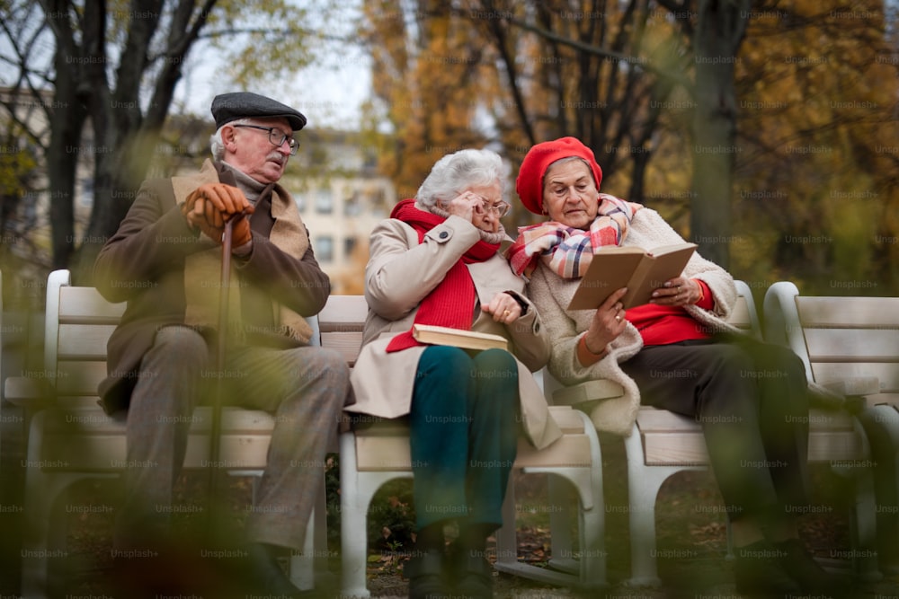 A group of senior friends sitting on bench and reading books in park on autumn day