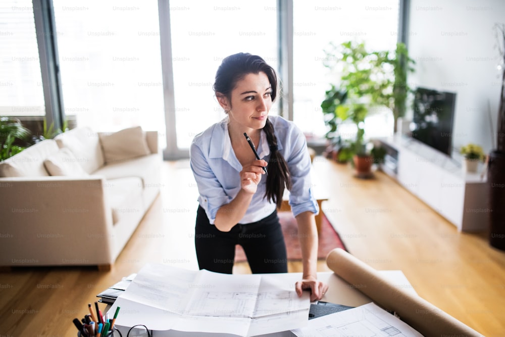 A portrait of a beautiful woman working. Home office.