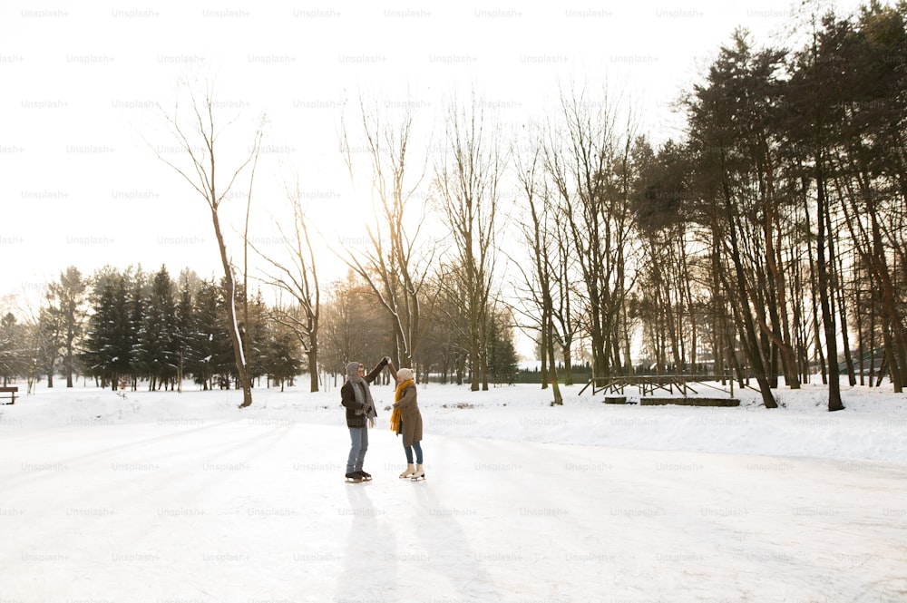 Beautiful senior woman and man in sunny winter nature ice skating.