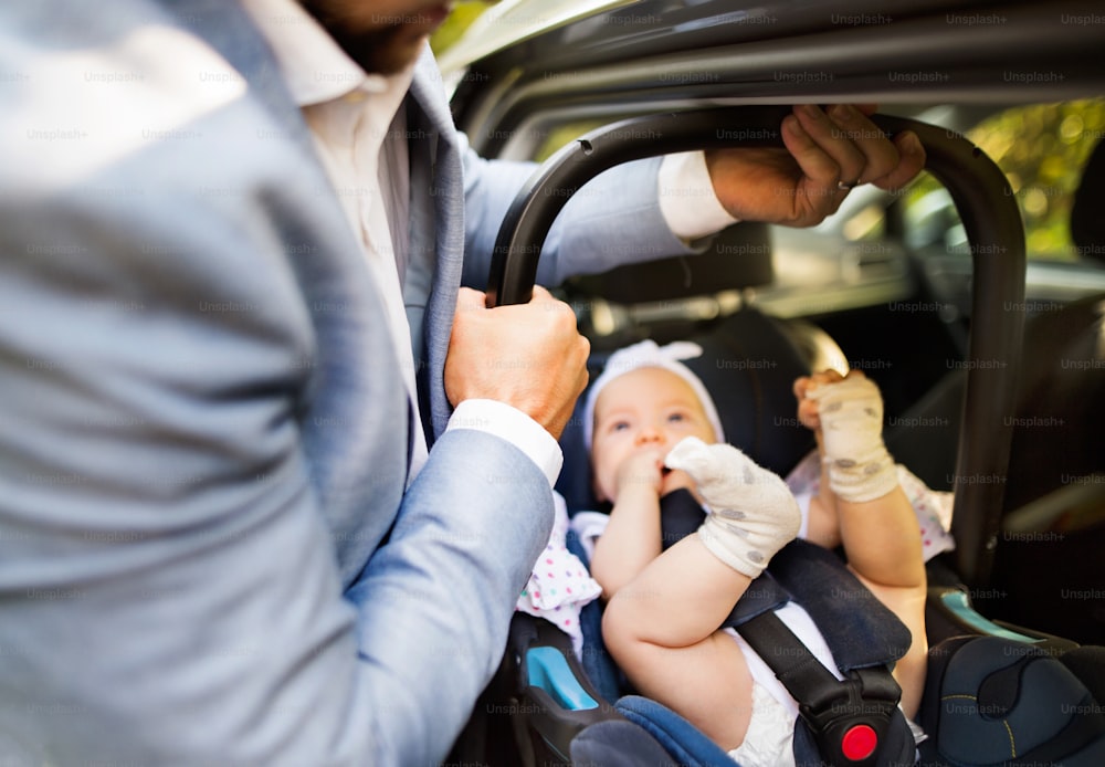 見分けがつかない男が女の赤ちゃんを乗せて車にチャイルドシートを乗せている。
