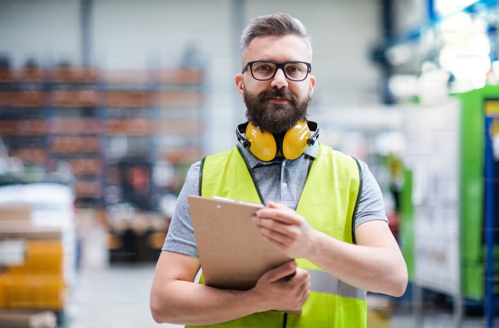 Technician or engineer with protective headphones standing in industrial factory, looking at camera.