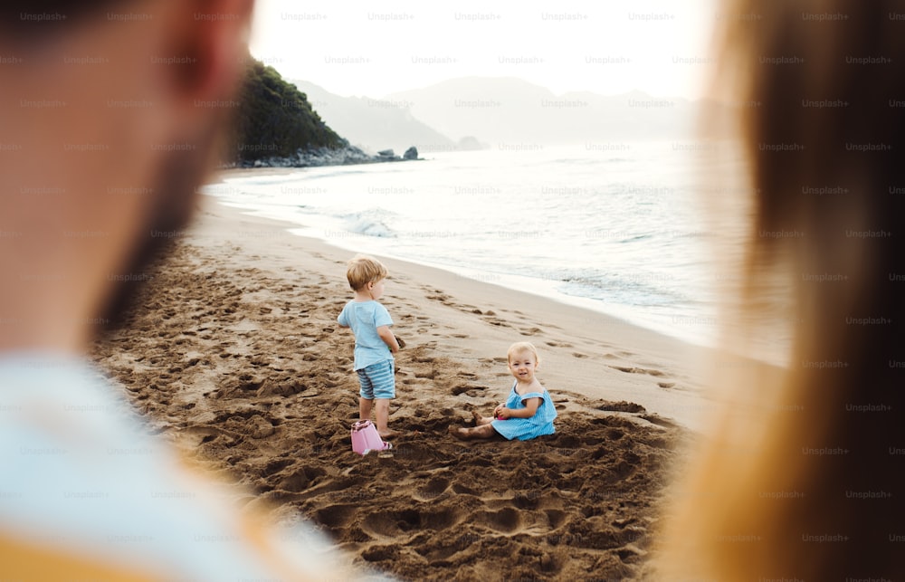 夏の家族旅行に砂浜で遊ぶ親と幼児の子供たち。