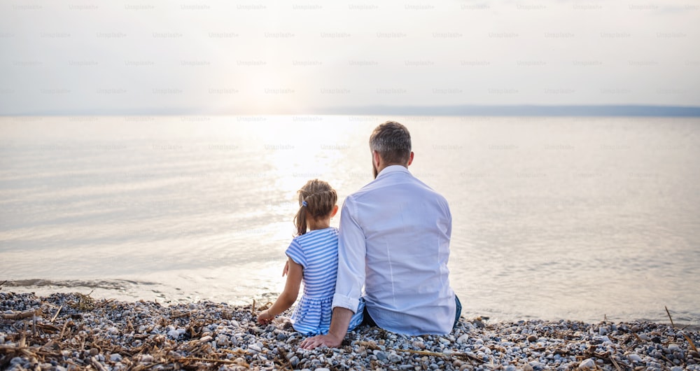Vista trasera del padre y la hija pequeña en unas vacaciones sentados junto al lago o el mar.