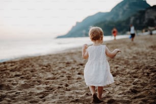 A rear view of small toddler girl walking on sand beach on summer holiday. Copy space.