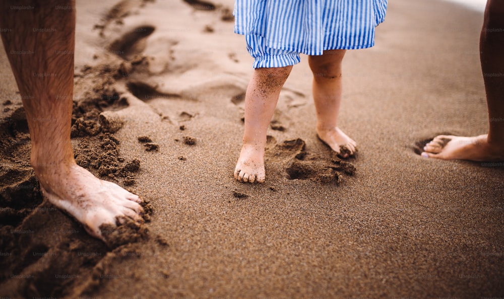 Uma seção intermediária de pais com filha pequena em pé na praia nas férias de verão, de mãos dadas.