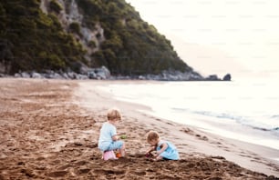 Dos niños pequeños jugando en la playa de arena en vacaciones familiares de verano.