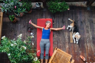 Eine Draufsicht auf ältere Frau mit Hund im Freien auf einer Terrasse im Sommer, Bewegung auf Matte.