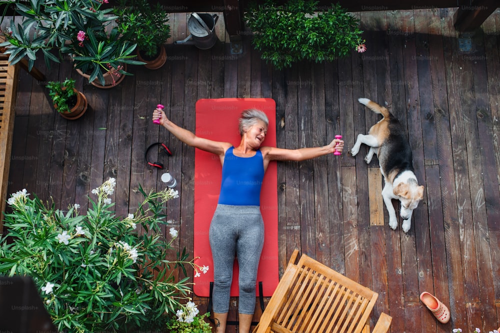 A top view of senior woman with dog outdoors on a terrace in summer, doing exercise on mat.