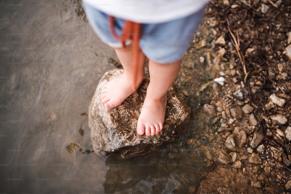여름에 강가에 있는 야외 바위 위에 서 있는 작은 유아 소년의 중간 부분. 평면도.
