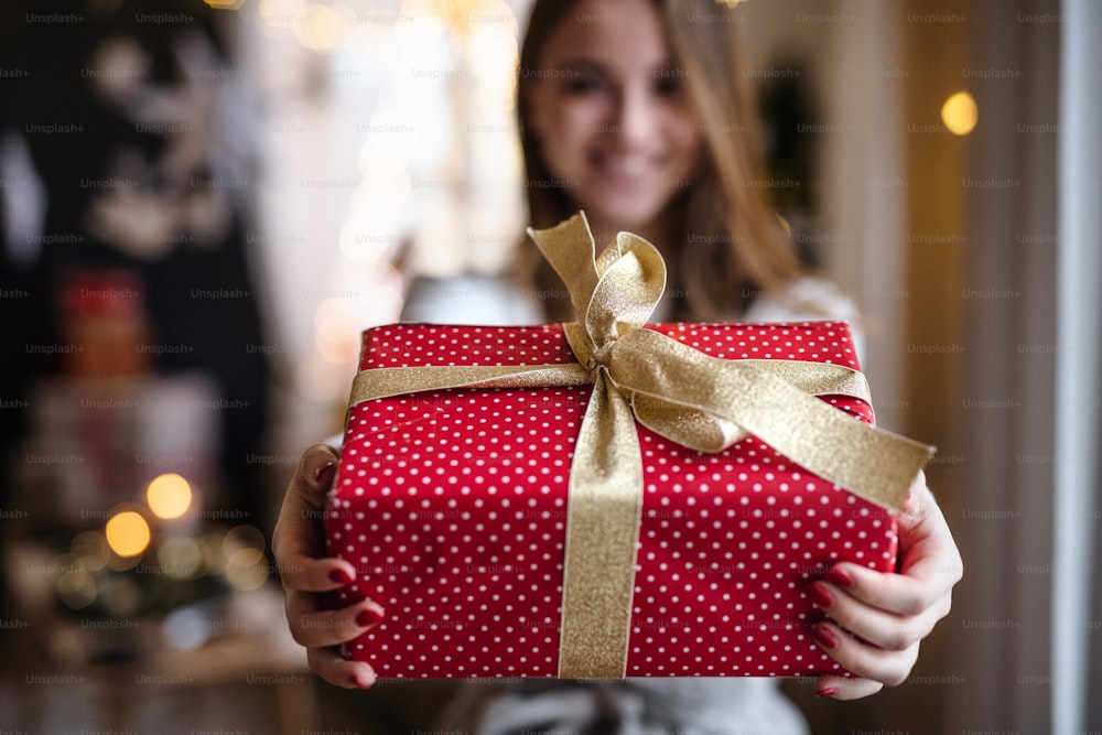 Portrait of happy young woman indoors at home at Christmas, holding present.