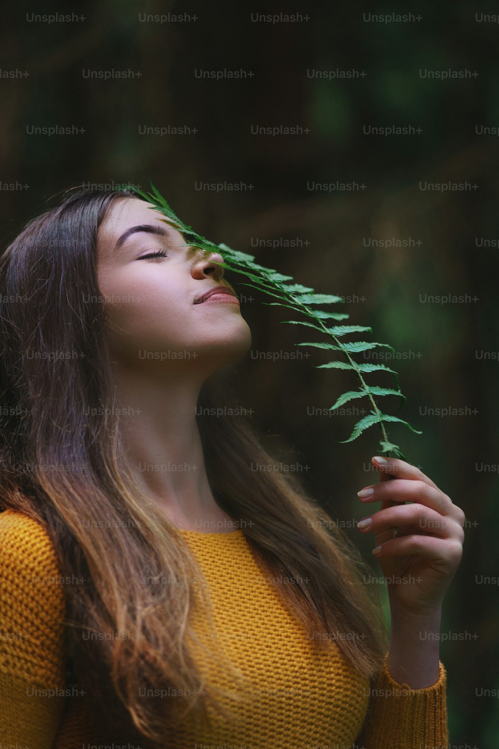 Retrato em close-up da mulher jovem em uma caminhada ao ar livre na floresta na natureza do verão, segurando samambaia.