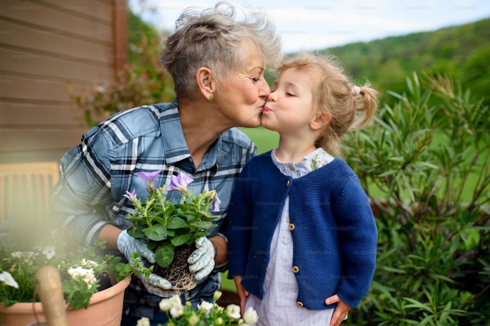 Happy senior grandmother with small granddaughter gardening on balcony in summer, kissing.
