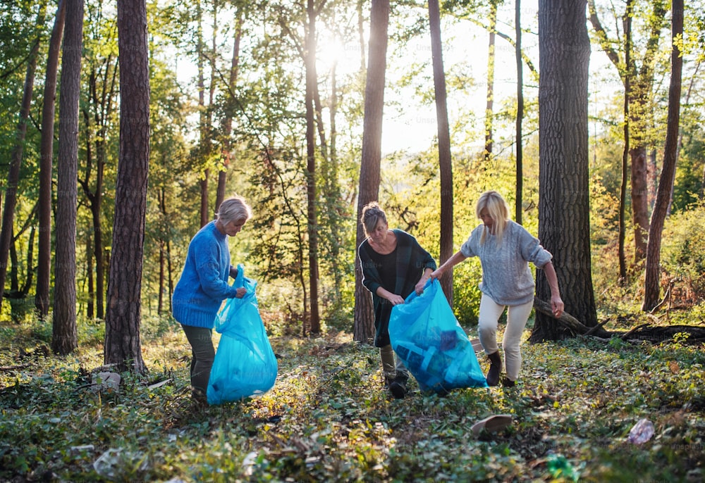 Un grupo de amigas mayores recogiendo basura al aire libre en el bosque, un concepto de plogging.