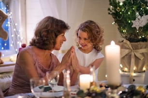 Senior woman with small granddaughter indoors at Christmas, having fun.