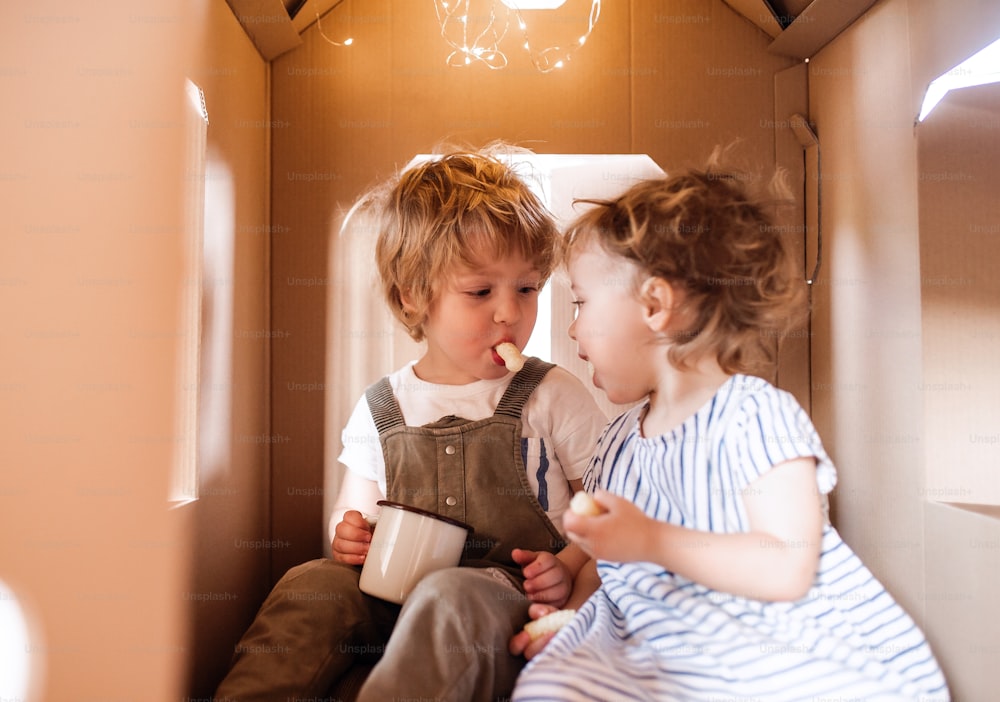 Two happy toddler children playing indoors in cardboard house at home, eating snacks.