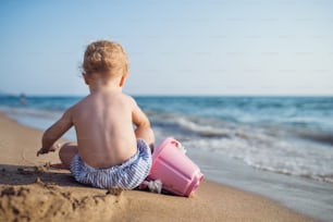 A rear view of small topless toddler girl sitting on beach on summer holiday, playing in sand. Copy space.