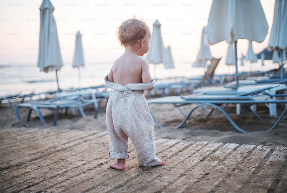 夏休みにビーチをトップレスで歩く小さな幼児の女の子の後ろ姿。