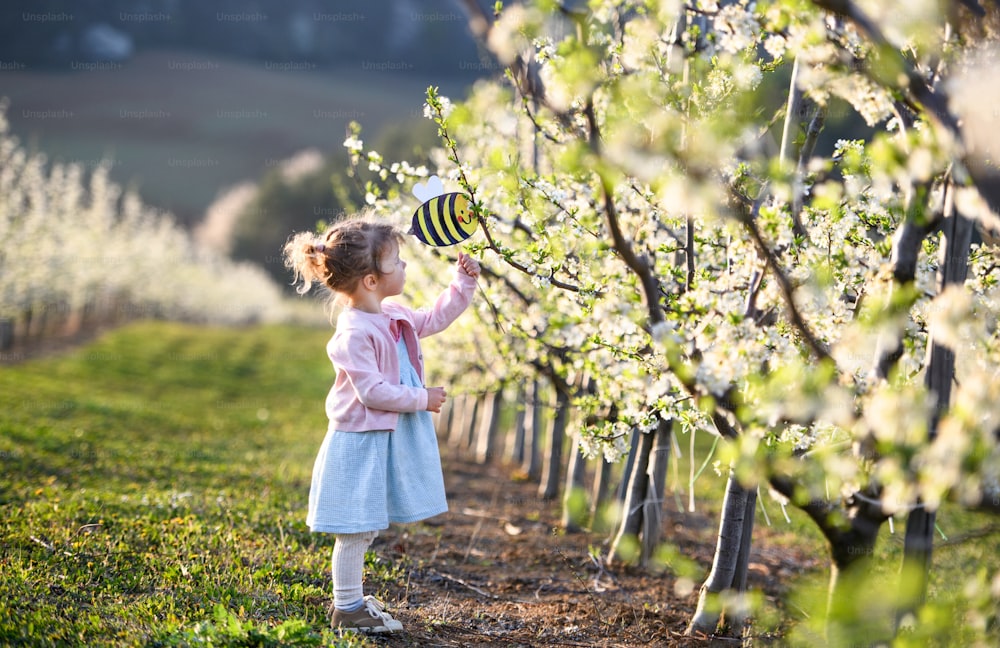 Seitenansicht eines kleinen Kleinkindes, das im Frühling draußen im Obstgarten steht und Papierbienen hält.