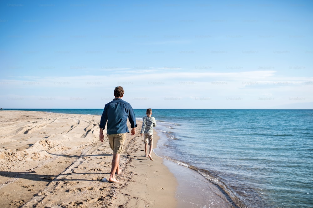 Vista trasera del padre con el hijo pequeño en un paseo al aire libre en la playa, corriendo en el agua.