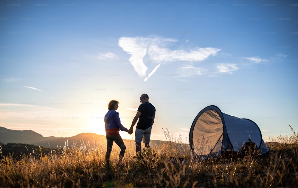 A rear view of senior tourist couple with shelter tent standing in nature at sunset, resting.