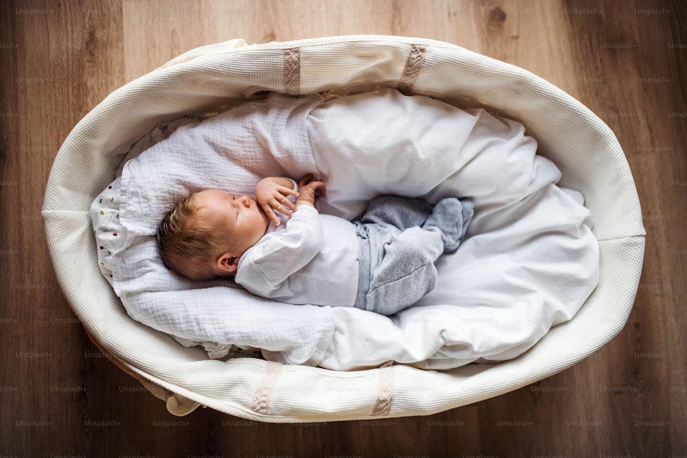 家でモーゼのバスケットで眠っているかわいい生まれたばかりの赤ちゃんの上から見てください。