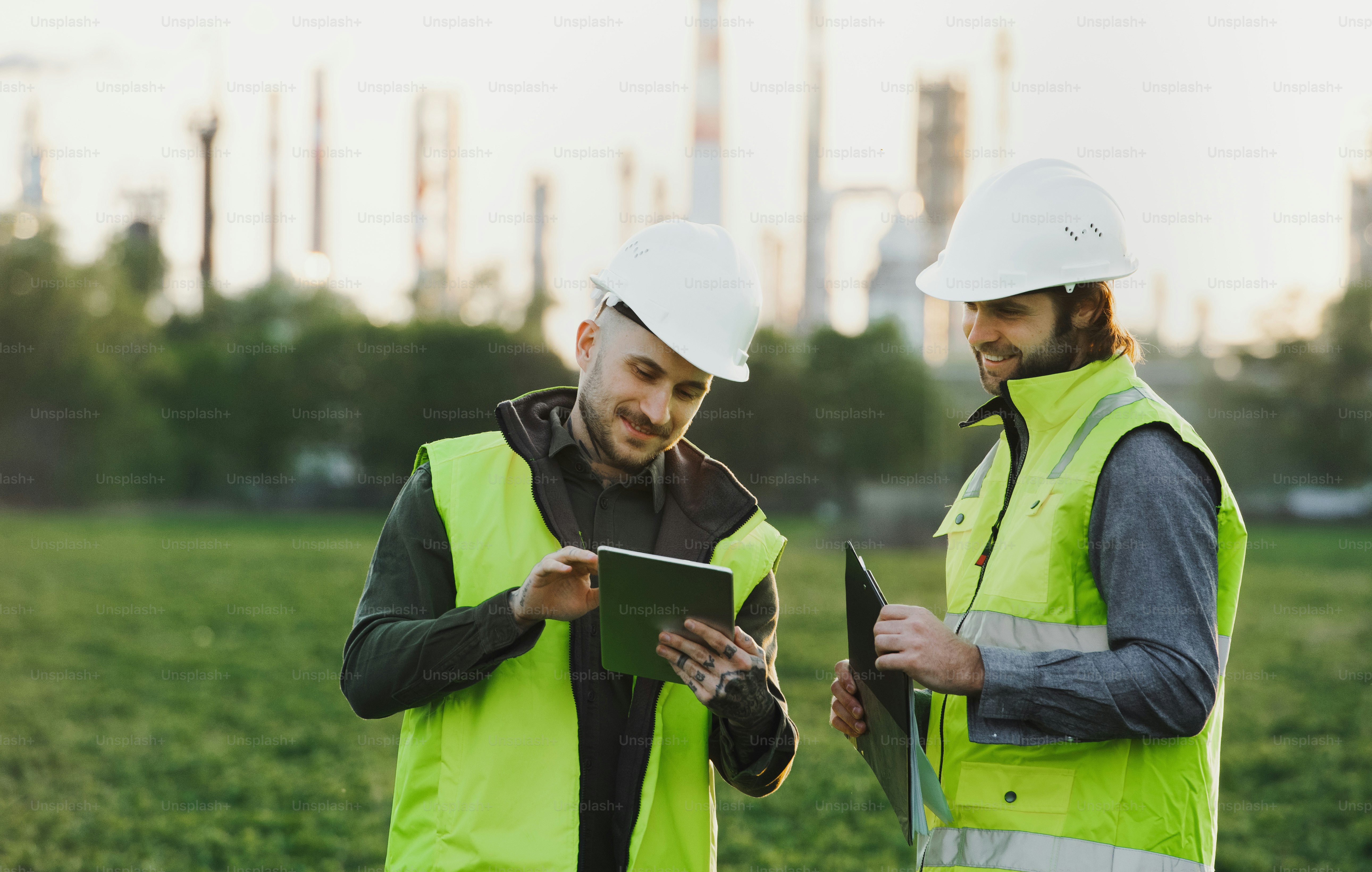 Front view of two young engineers with tablet standing outdoors by oil refinery, discussing issues.