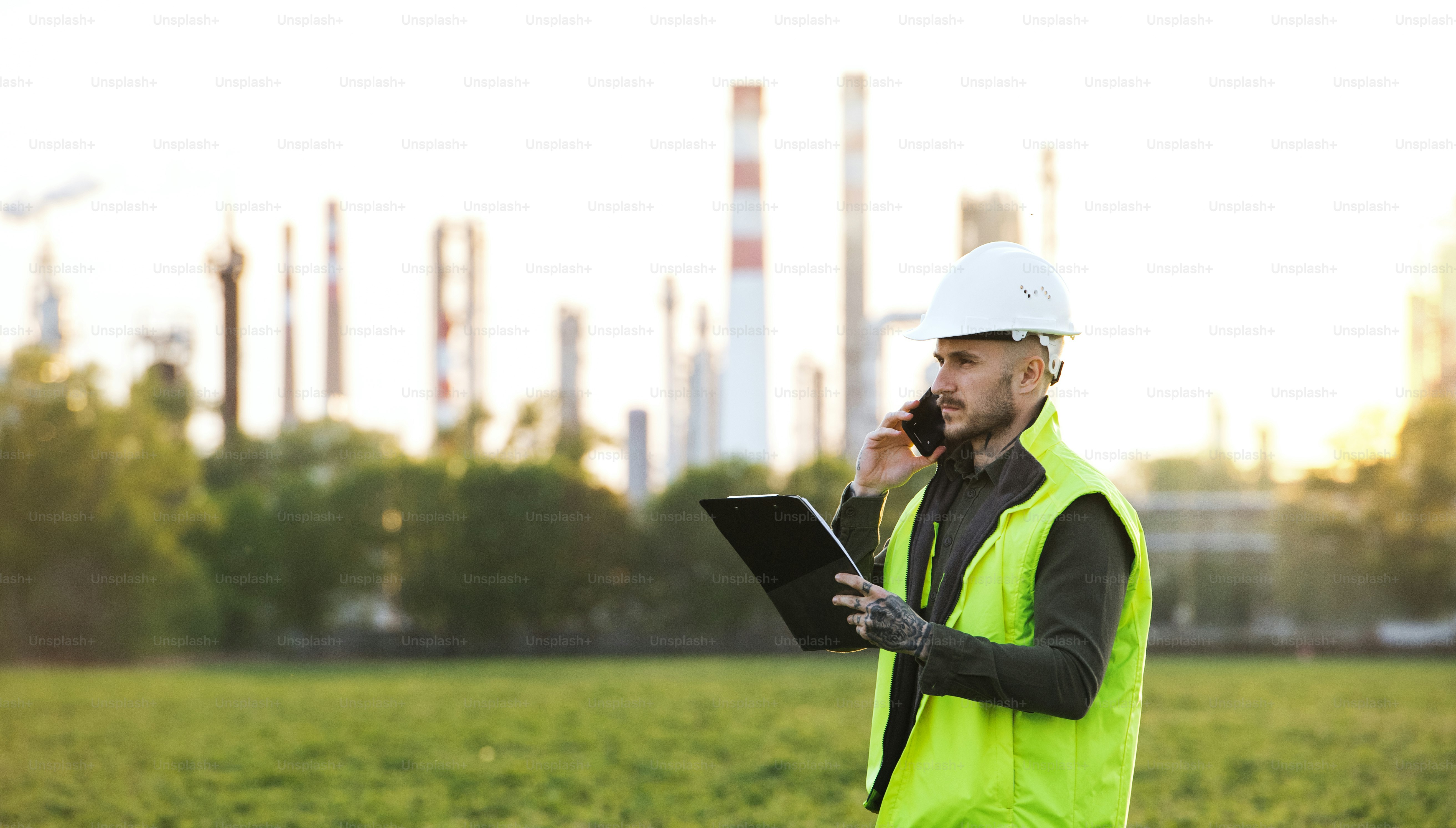 Young engineer with smartphone standing outdoors by oil refinery, making phone call. Copy space.