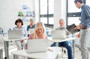 Group of cheerful senior people attending computer and technology education class.