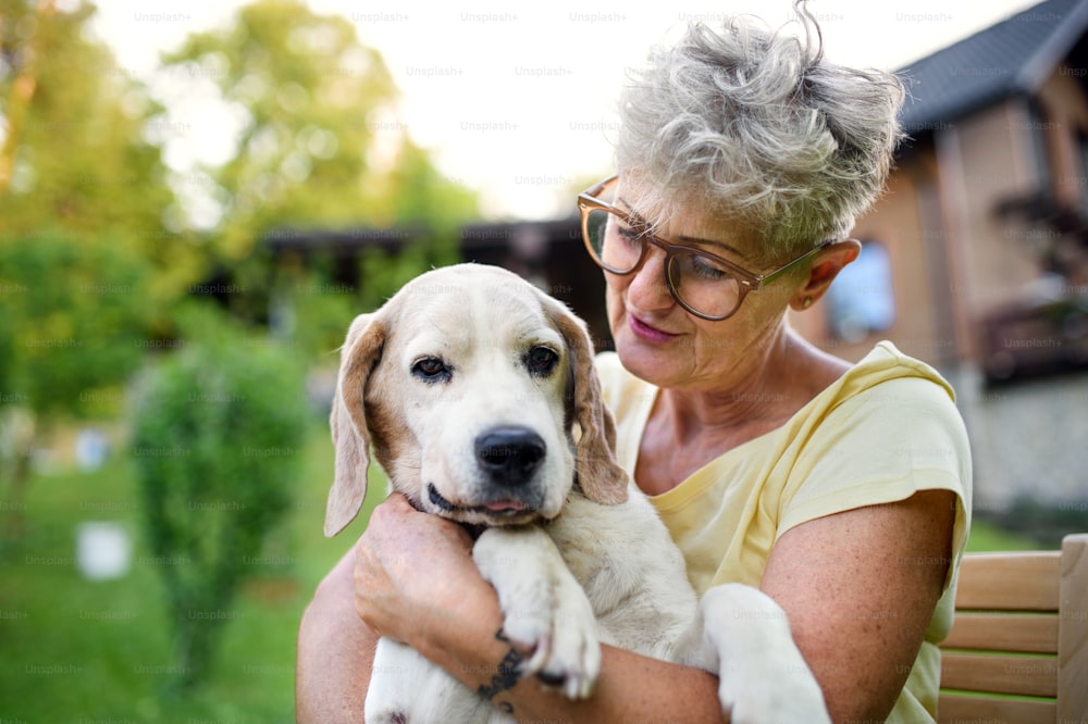 Portrait of senior woman standing and resting outdoors in garden, holding pet dog.