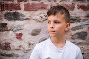 A portrait of small boy standing outdoors in front of old brick wall, looking away.