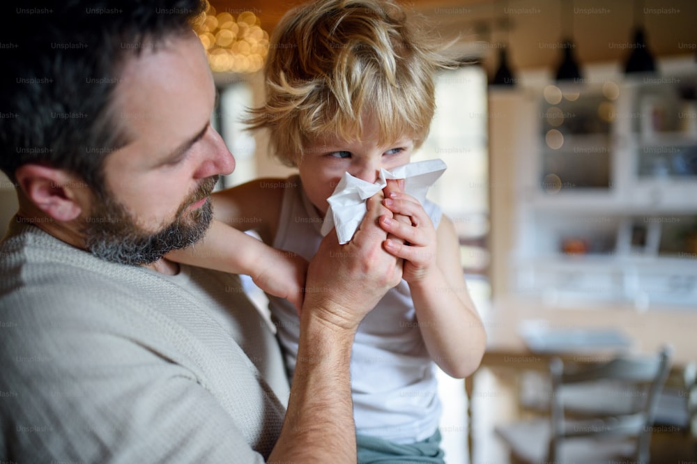 Mature father blowing nose of small sick son indoors at home.