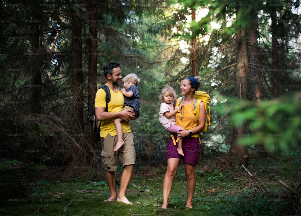 夏の自然の中で裸足で屋外を歩く小さな子供連れの家族、森林浴のコンセプト。