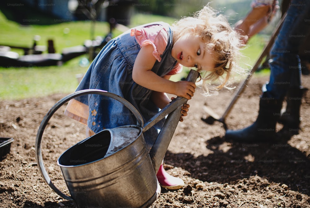 Bambina che gioca all'aperto in giardino, giardinaggio e concetto di stile di vita sostenibile.