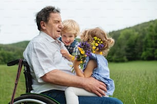 Happy small children with senior grandfather in wheelchair on a walk on meadow in nature.