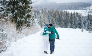 Una vista trasera de una pareja madura caminando del brazo al aire libre en la naturaleza invernal, montañas Tatra Eslovaquia.