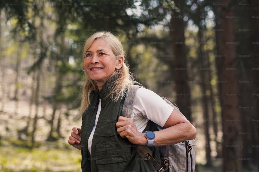 A senior woman hiker outdoors walking in forest in nature, walking.