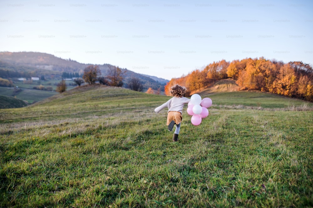 Vista trasera de una niña alegre con globos que corren en la naturaleza otoñal.